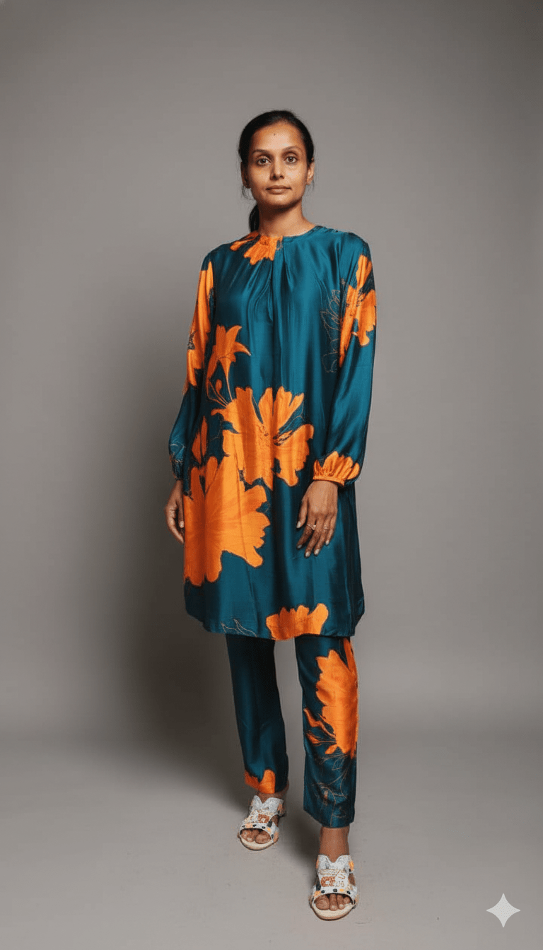 Blue Printed Pure Modal Satin Co - ordset - Co - Ord sets - PINK & RANI