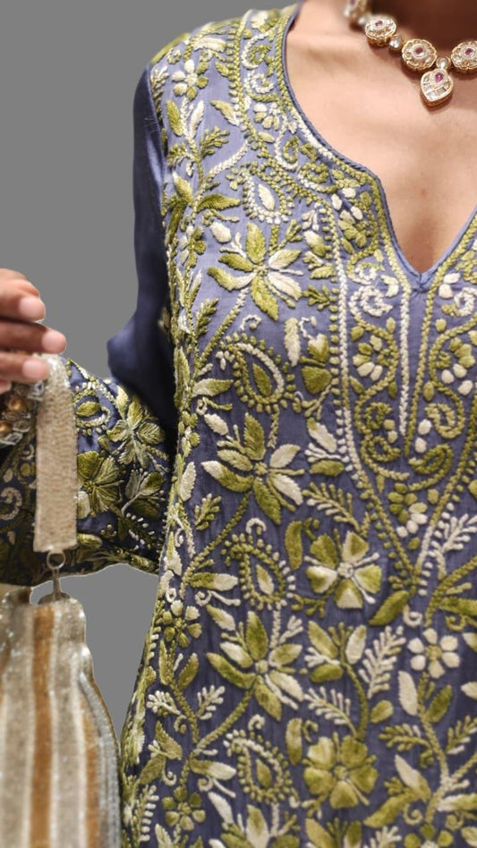 Blue Pure Modal Satin Heavy Hand Embroidery Co - ordset - Co - Ord sets - PINK & RANI