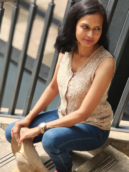 Artisanal Cotton Silk Sleeveless Top with Full Jaal Embroidery - Tops - PINK & RANI