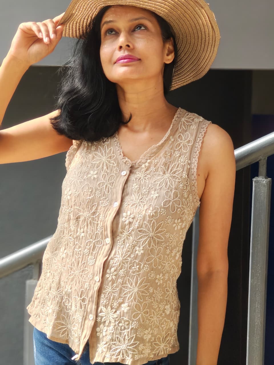 Artisanal Cotton Silk Sleeveless Top with Full Jaal Embroidery - Tops - PINK & RANI