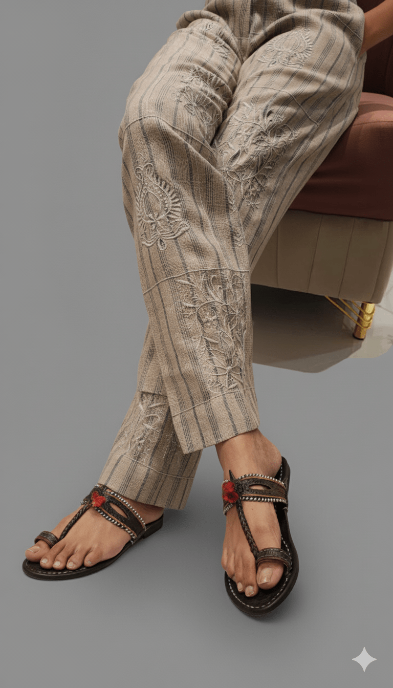 Bamboo Linen Hand Embroidered Pants – Brown | Premium Sustainable Fashion - Bottoms - PINK & RANI