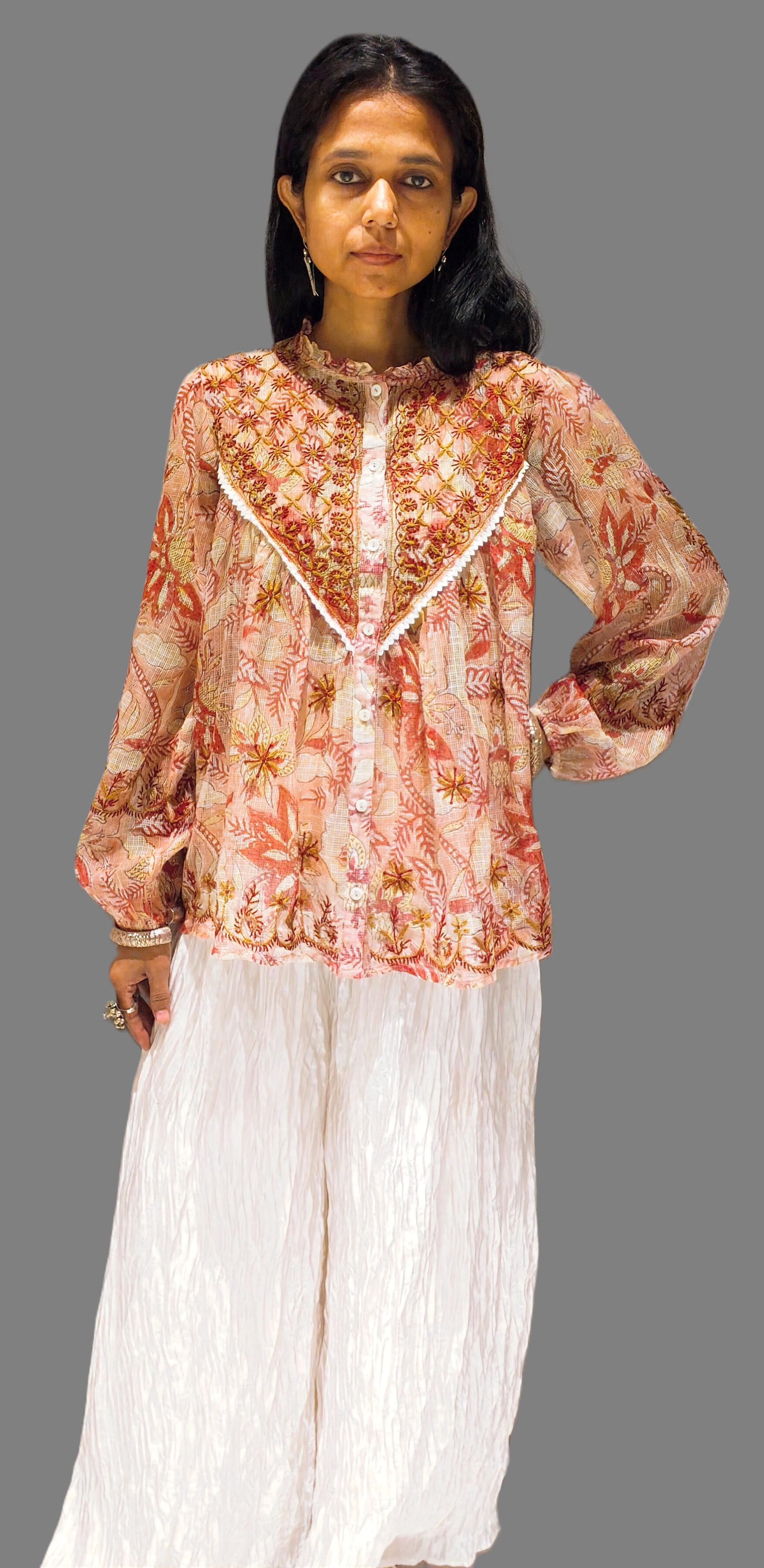 Brown Kota Doria Cotton Top with Hand Embroidery & Traditional Block Print - Tops - PINK & RANI