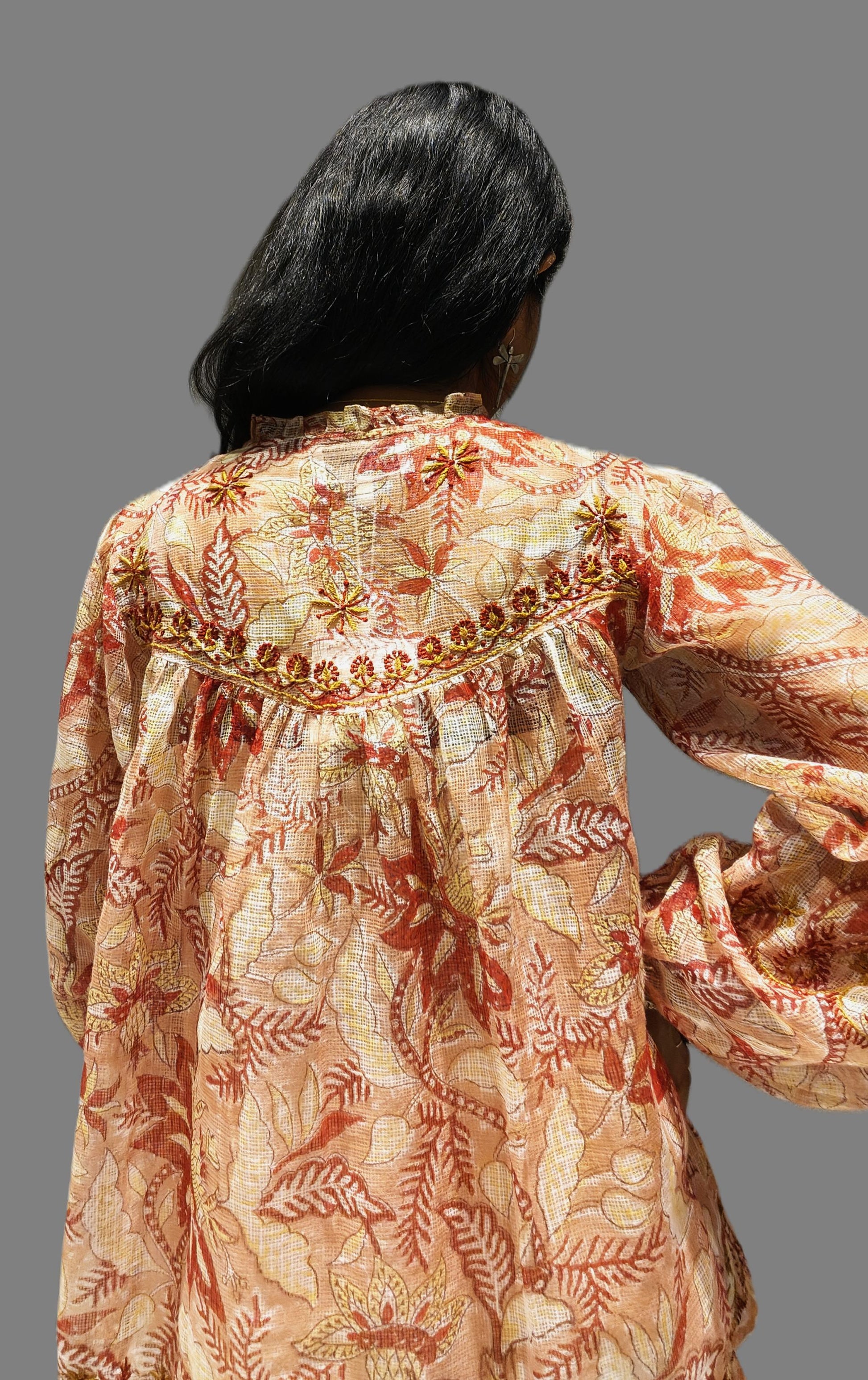 Brown Kota Doria Cotton Top with Hand Embroidery & Traditional Block Print - Tops - PINK & RANI