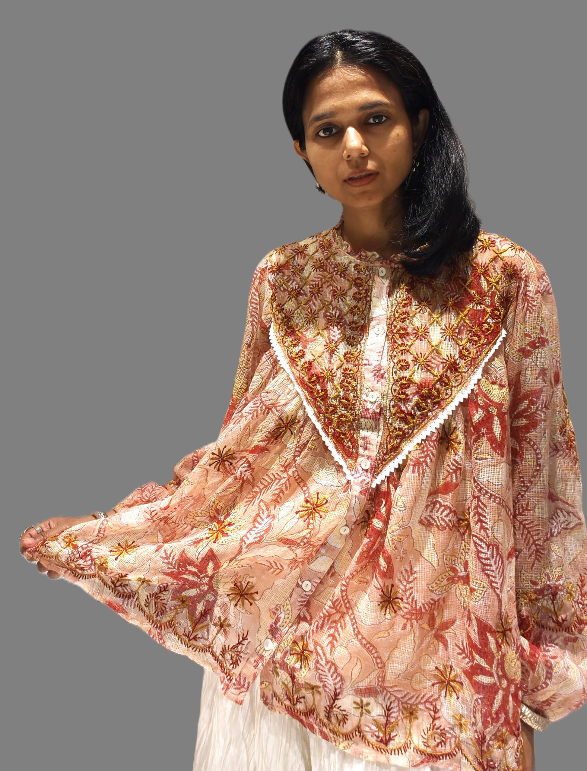 Brown Kota Doria Cotton Top with Hand Embroidery & Traditional Block Print - Tops - PINK & RANI