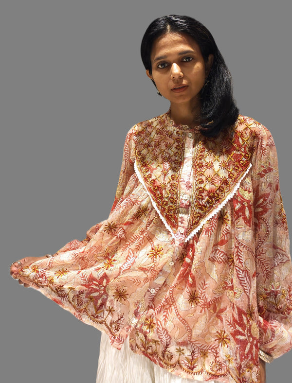 Brown Kota Doria Cotton Top with Hand Embroidery & Traditional Block Print - Tops - PINK & RANI