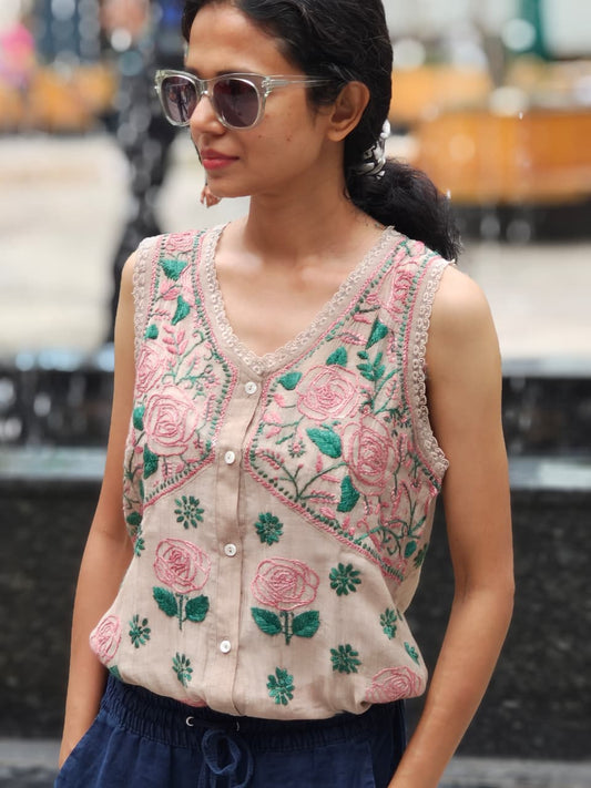 Artisanal Cotton Silk Sleeveless Top – Hand Embroidered Summer Wear - Tops - PINK & RANI