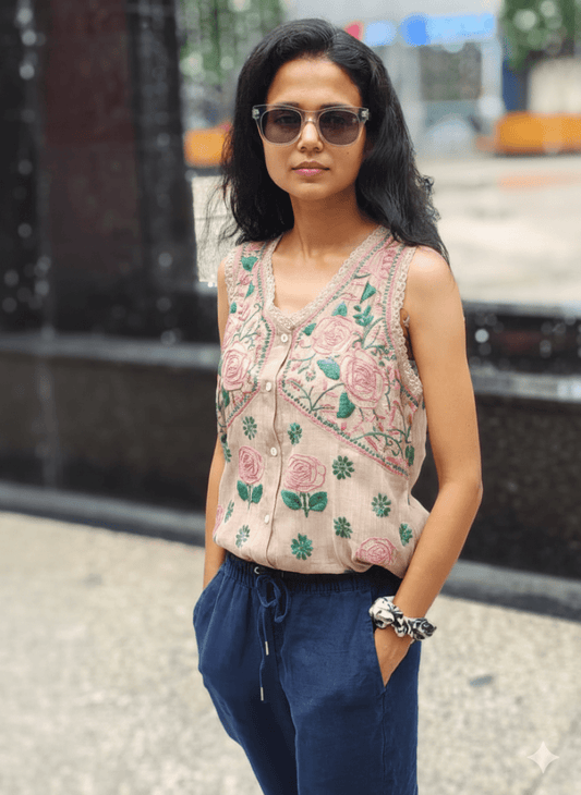 Artisanal Cotton Silk Sleeveless Top – Hand Embroidered Summer Wear - Tops - PINK & RANI