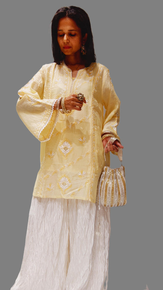 Yellow Pure Silk Cotton Short Kurta with Hand Embroidery & Lace Work - Kurta - PINK & RANI