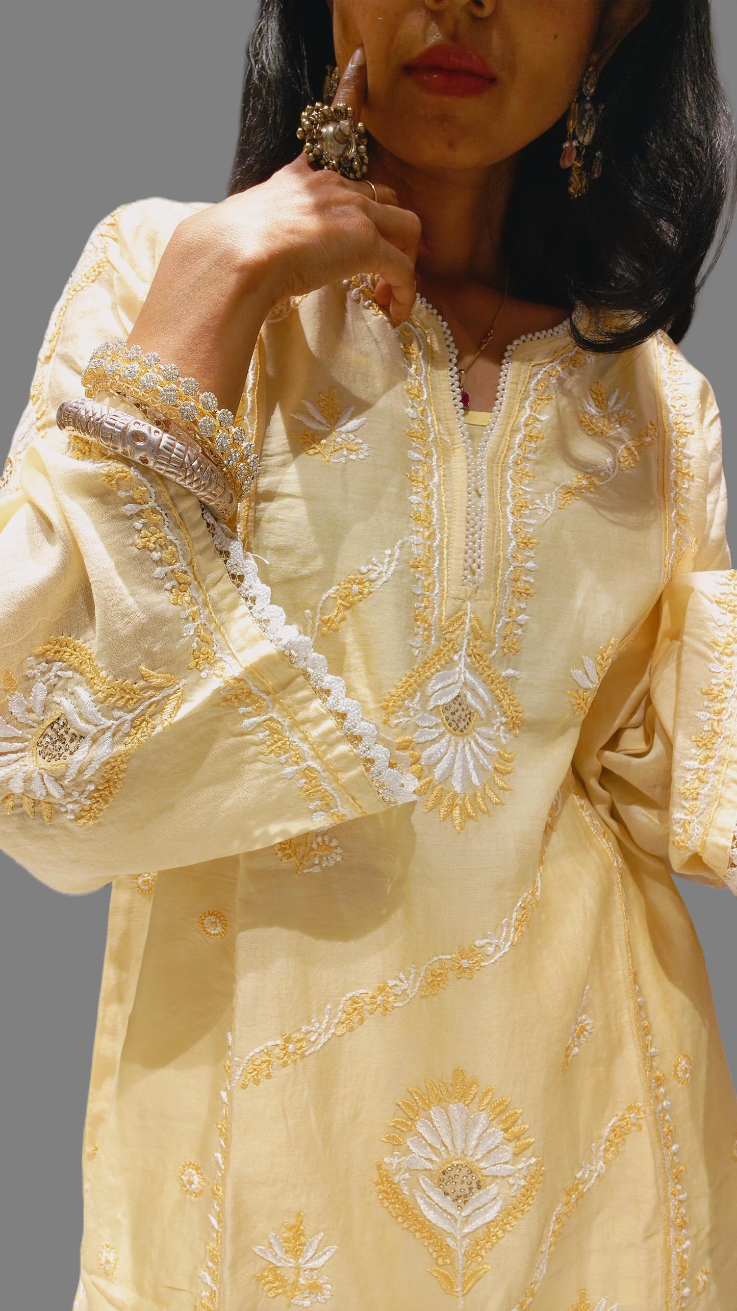 Yellow Pure Silk Cotton Short Kurta with Hand Embroidery & Lace Work - Kurta - PINK & RANI