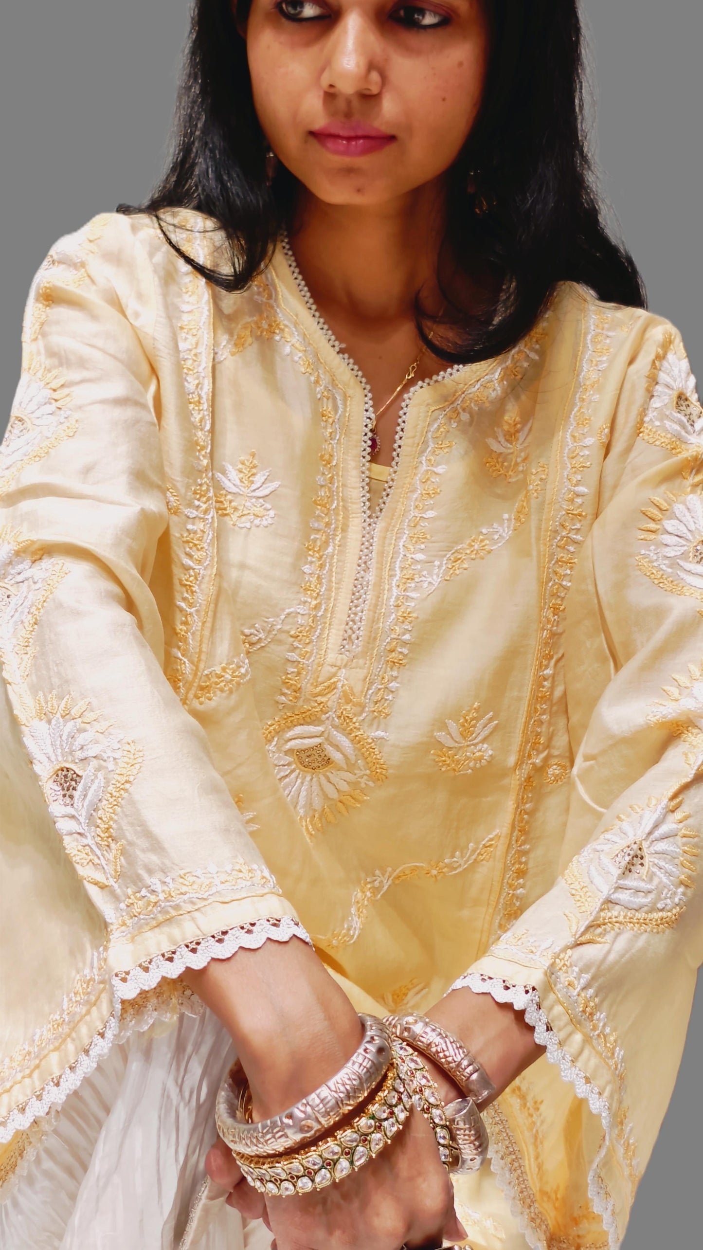 Yellow Pure Silk Cotton Short Kurta with Hand Embroidery & Lace Work - Kurta - PINK & RANI