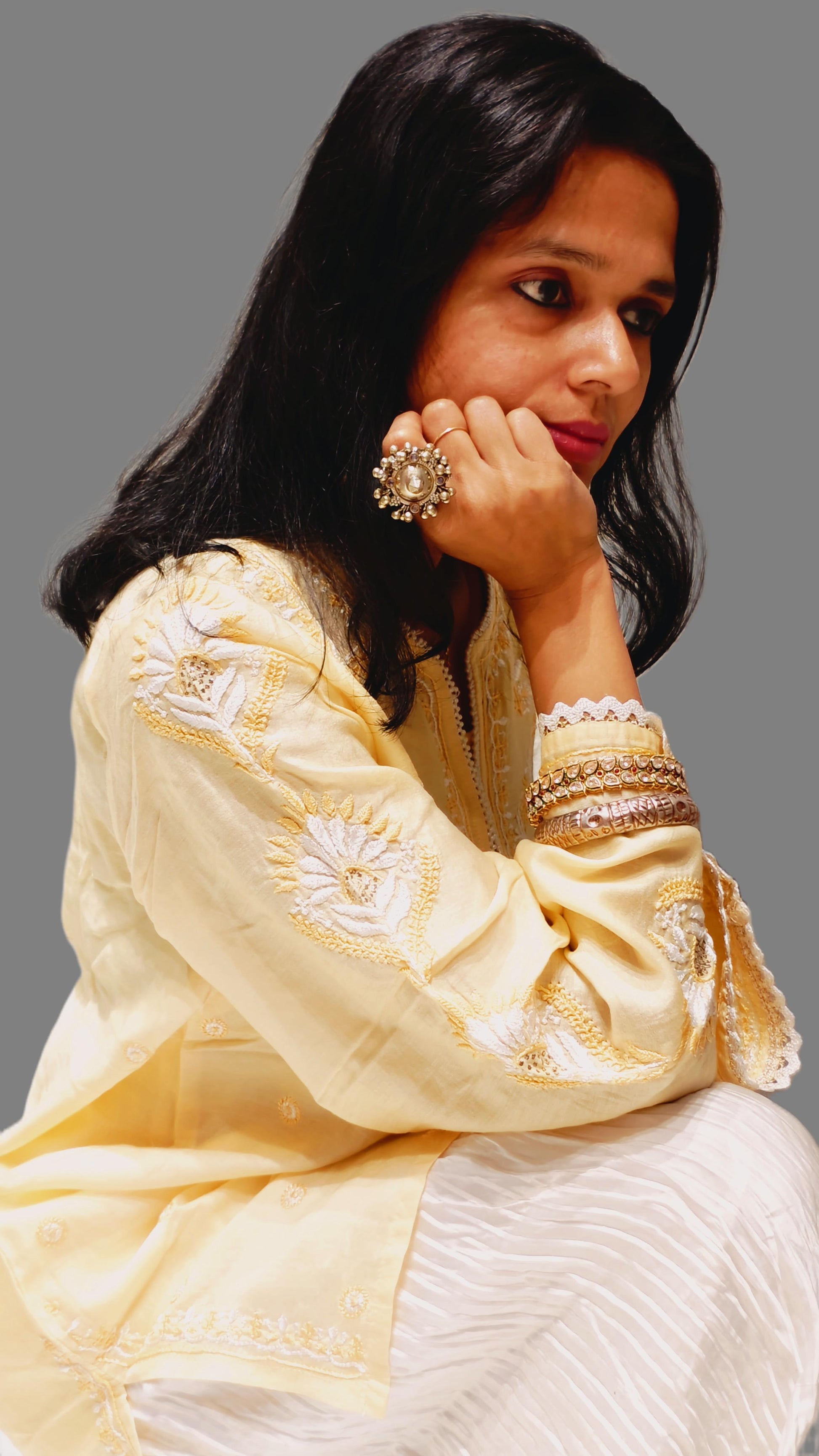 Yellow Pure Silk Cotton Short Kurta with Hand Embroidery & Lace Work - Kurta - PINK & RANI