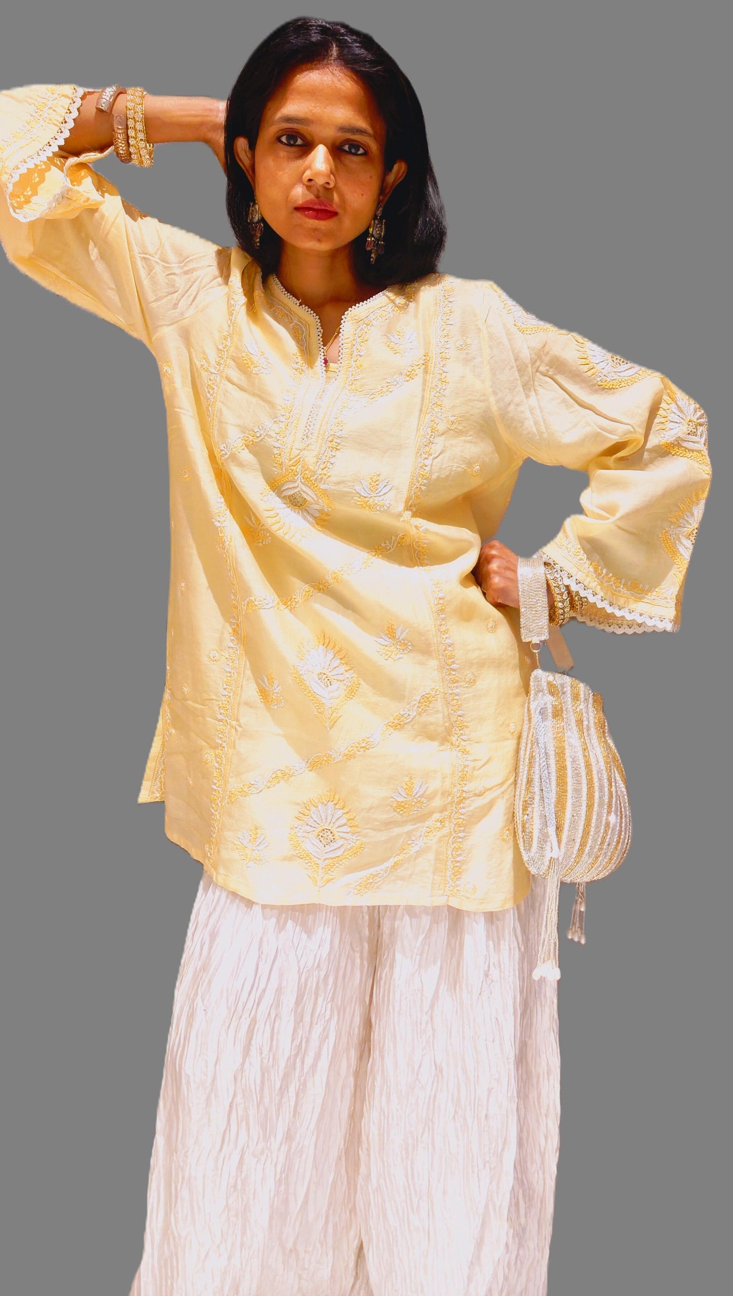 Yellow Pure Silk Cotton Short Kurta with Hand Embroidery & Lace Work - Kurta - PINK & RANI