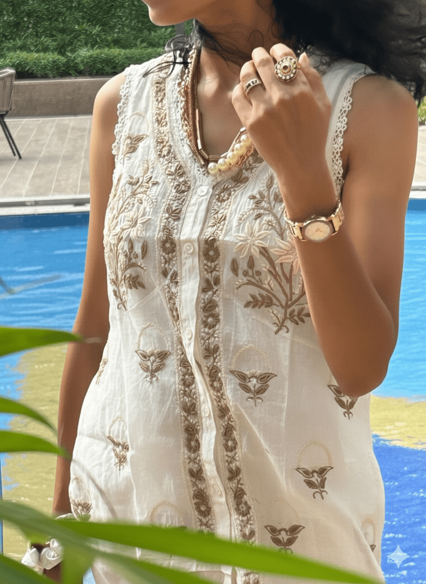 Short Sleeveless Cotton Silk Hand Embroidered Off white Top PINK & RANI