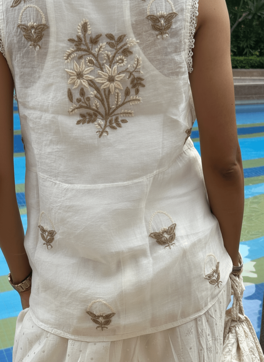 Short Sleeveless Cotton Silk Hand Embroidered Off white Top PINK & RANI
