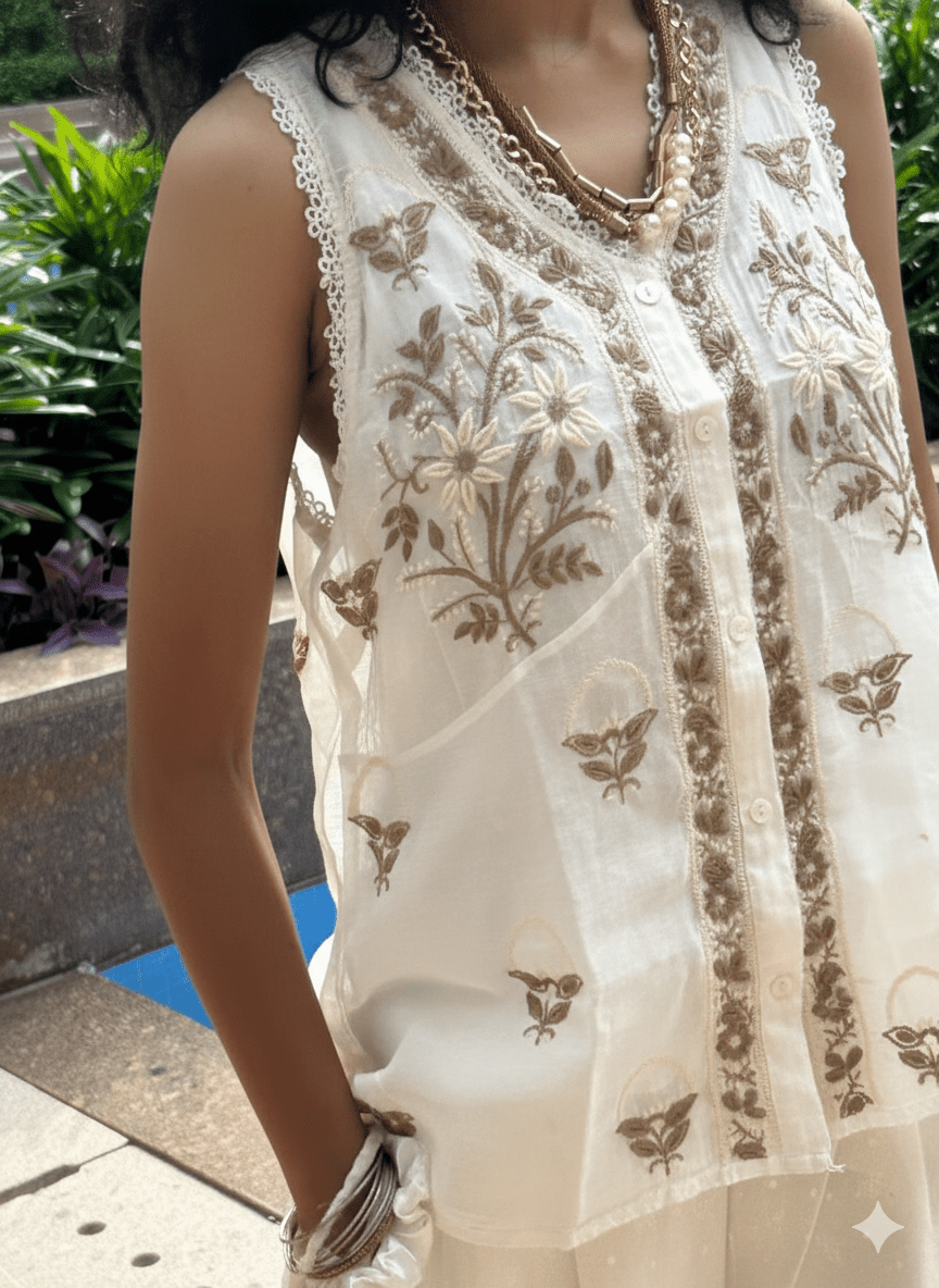 Short Sleeveless Cotton Silk Hand Embroidered Off white Top PINK & RANI