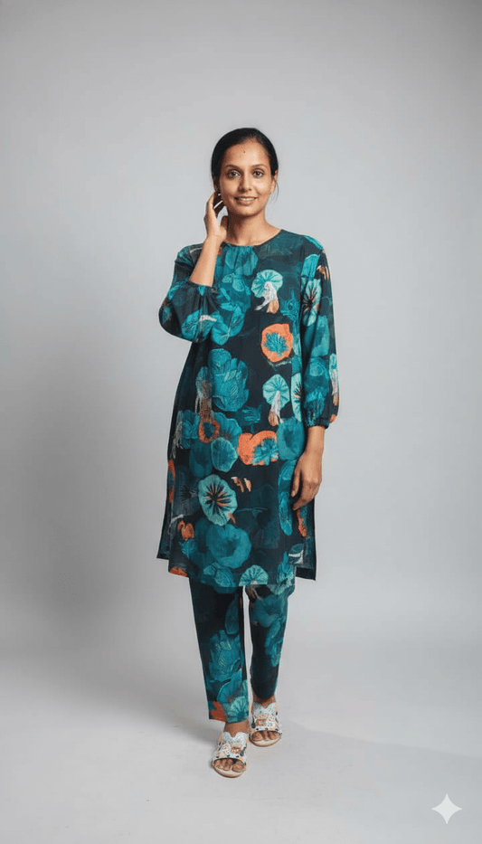 Sea Green Printed Pure Muslin Co - ord set - Co - Ord sets - PINK & RANI