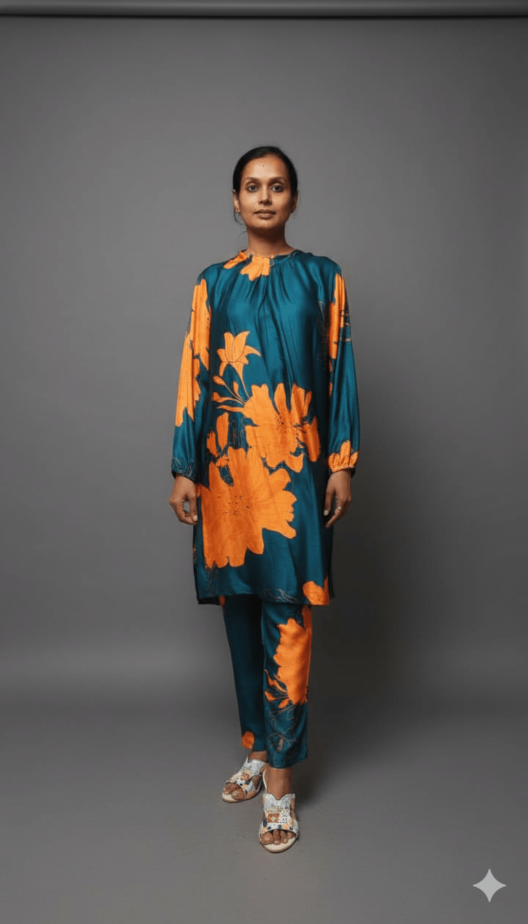 Blue Printed Pure Modal Satin Co - ordset - Co - Ord sets - PINK & RANI