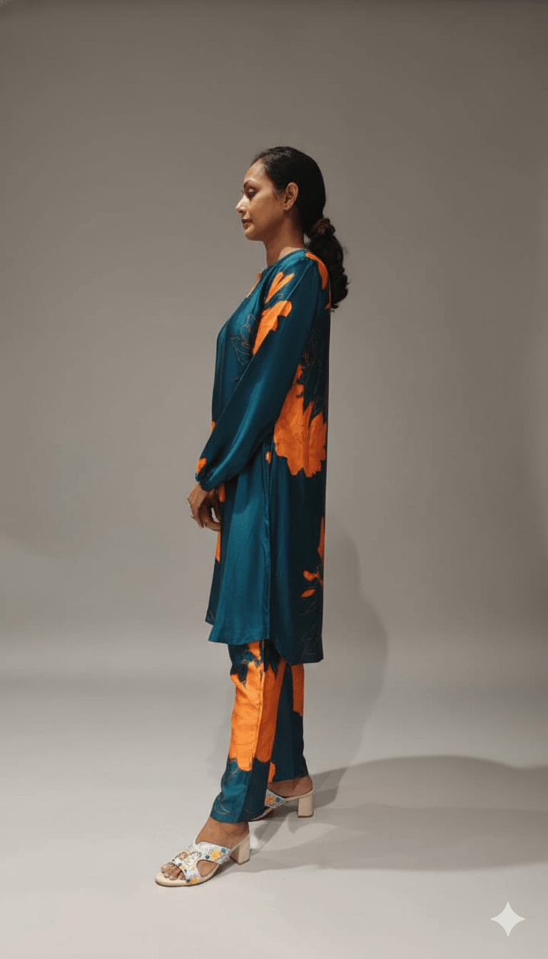 Blue Printed Pure Modal Satin Co - ordset - Co - Ord sets - PINK & RANI