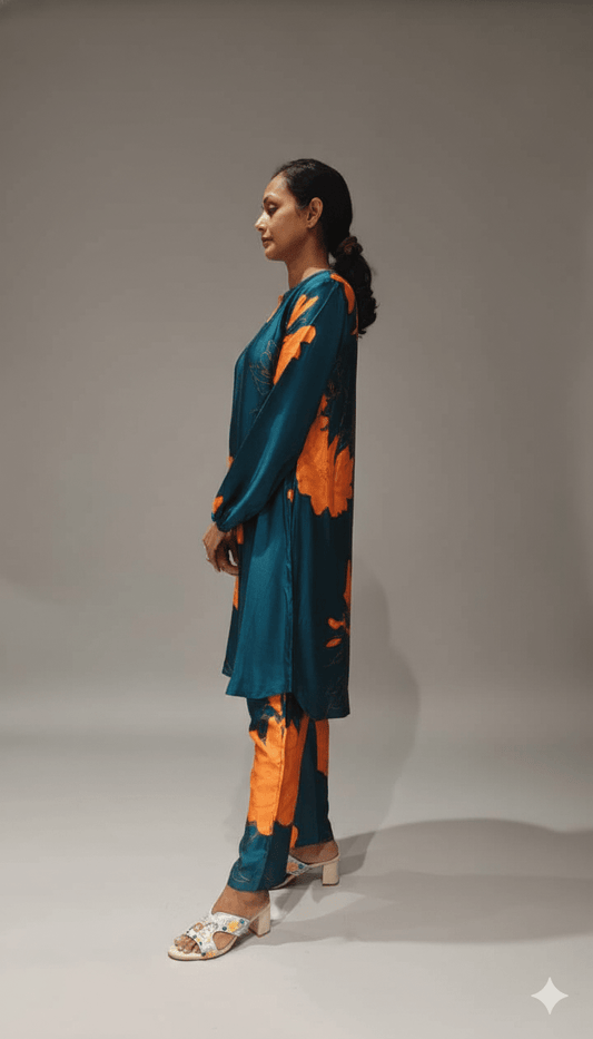 Blue Printed Pure Modal Satin Co - ordset - Co - Ord sets - PINK & RANI