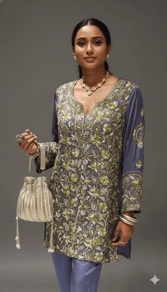 Blue Pure Modal Satin Heavy Hand Embroidery Co - ordset - Co - Ord sets - PINK & RANI