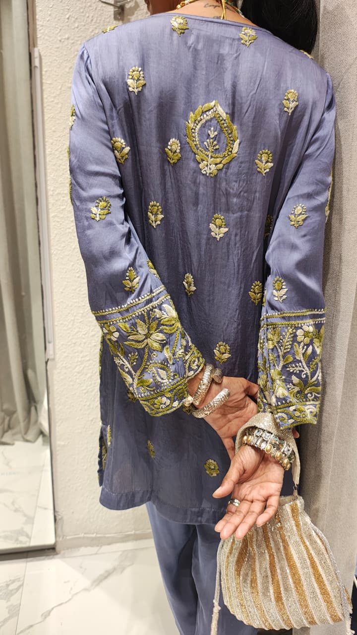 Blue Pure Modal Satin Heavy Hand Embroidery Co - ordset - Co - Ord sets - PINK & RANI