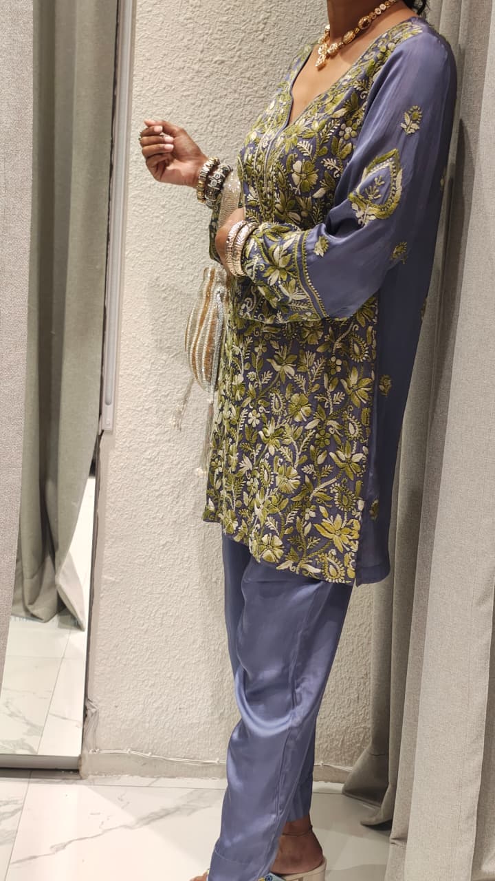 Blue Pure Modal Satin Heavy Hand Embroidery Co - ordset - Co - Ord sets - PINK & RANI