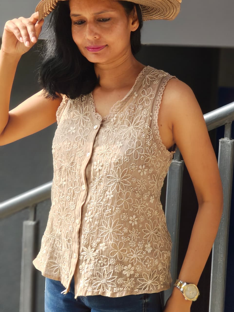 Artisanal Cotton Silk Sleeveless Top with Full Jaal Embroidery - Tops - PINK & RANI
