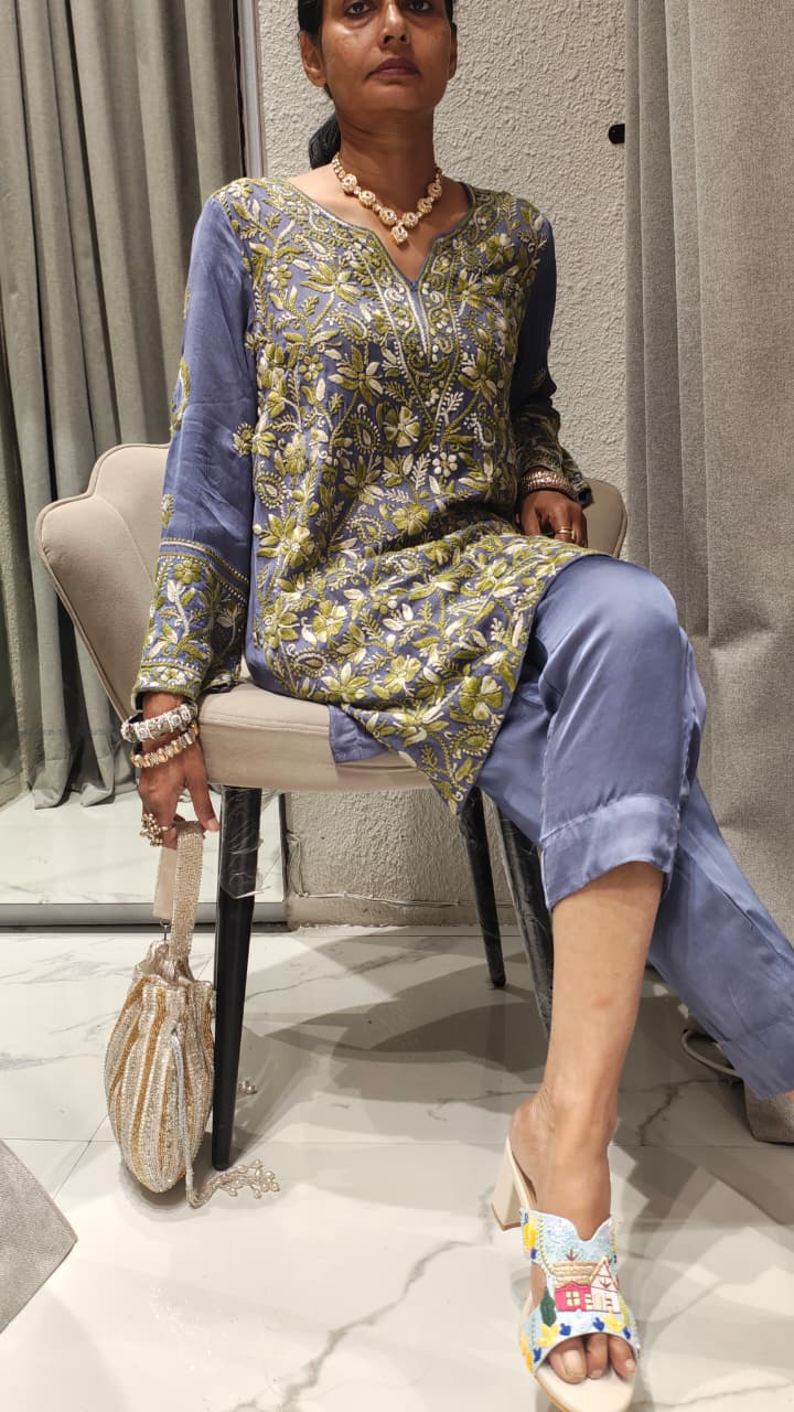 Blue Pure Modal Satin Heavy Hand Embroidery Co - ordset - Co - Ord sets - PINK & RANI