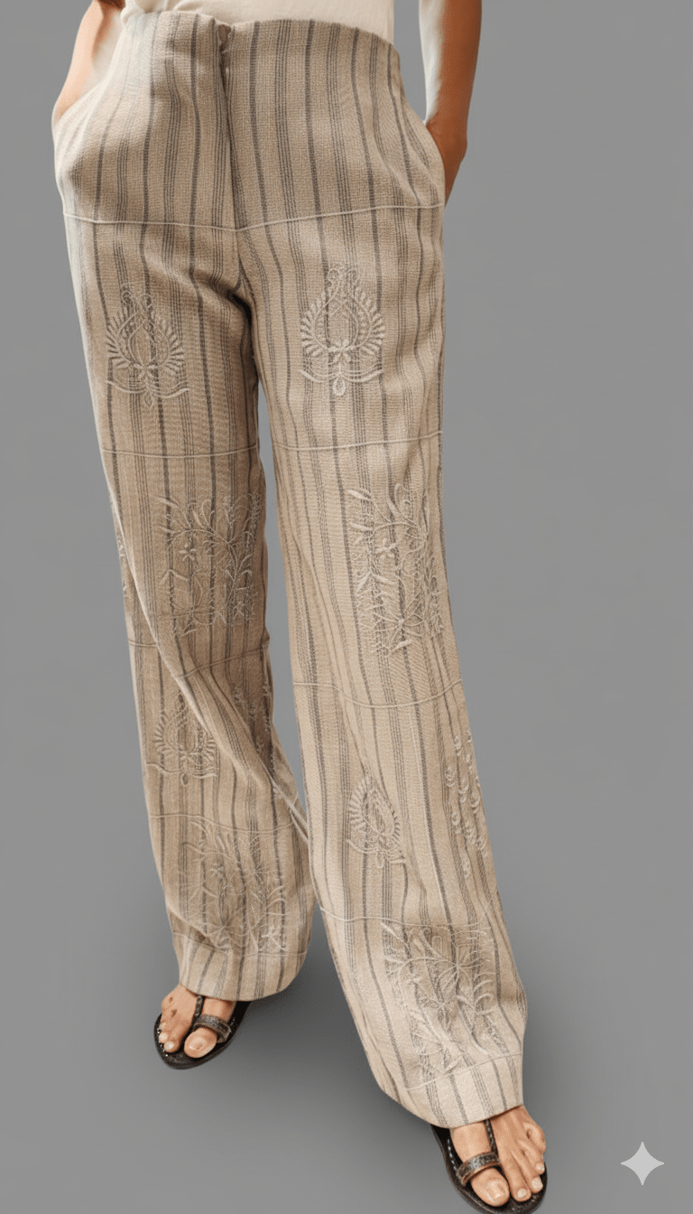 Bamboo Linen Hand Embroidered Pants – Brown | Premium Sustainable Fashion - Bottoms - PINK & RANI