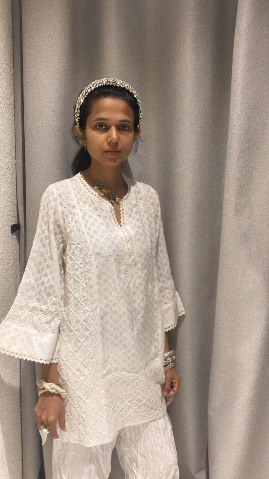 Ivory Short Kurta with Chikankari Embroidery - Kurta - PINK & RANI
